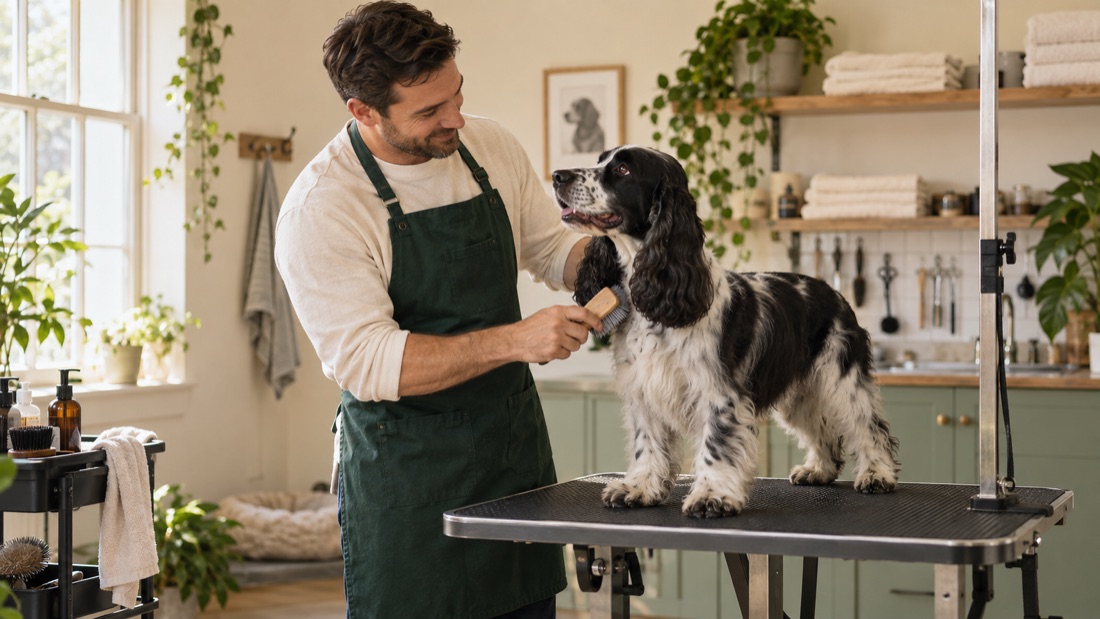 A groomer brushing a cocker spaniel on a grooming table in a bright home studio.